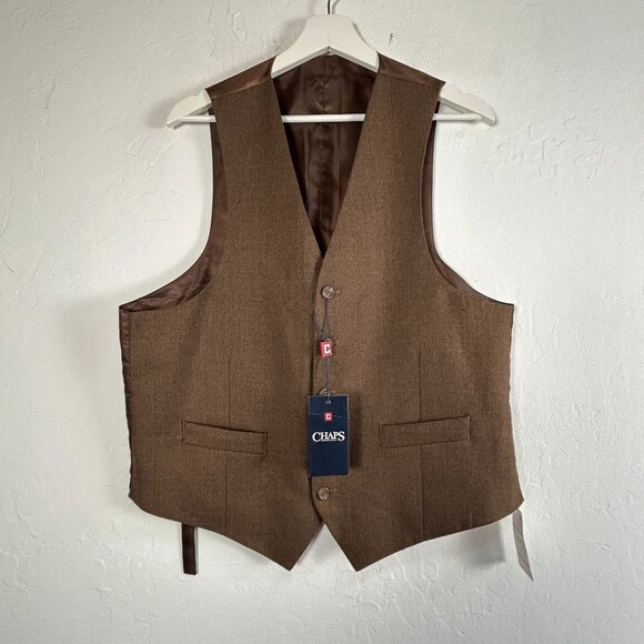 Chaps Mens Medium Brown V-Neck Single-Breasted Waistcoat Vest Lined Casual New - Picture 1 of 8